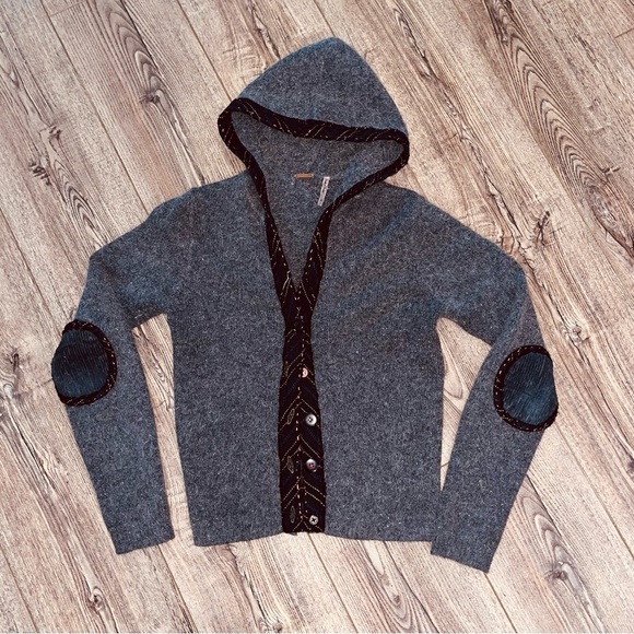 Free People Sweaters - Free People Angora Hoodie Cardigan Sweater Blended Elbow Patch Size XS Rare